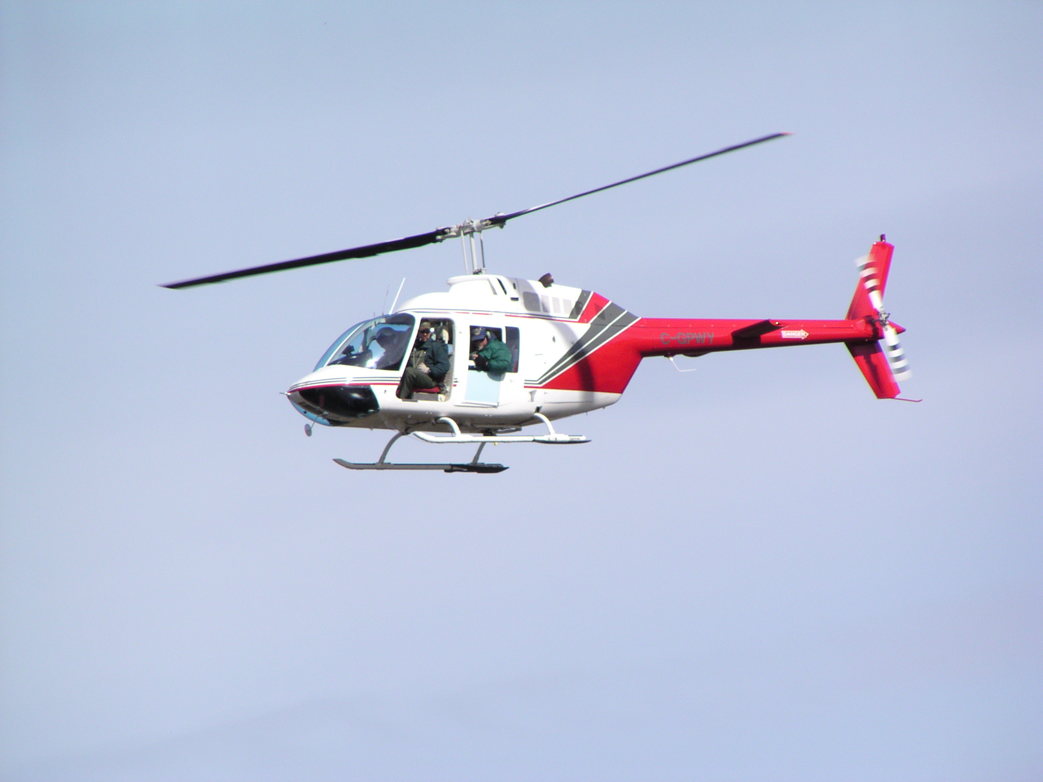 Helicopter used for Chinook salmon monitoring over the Nechako River.